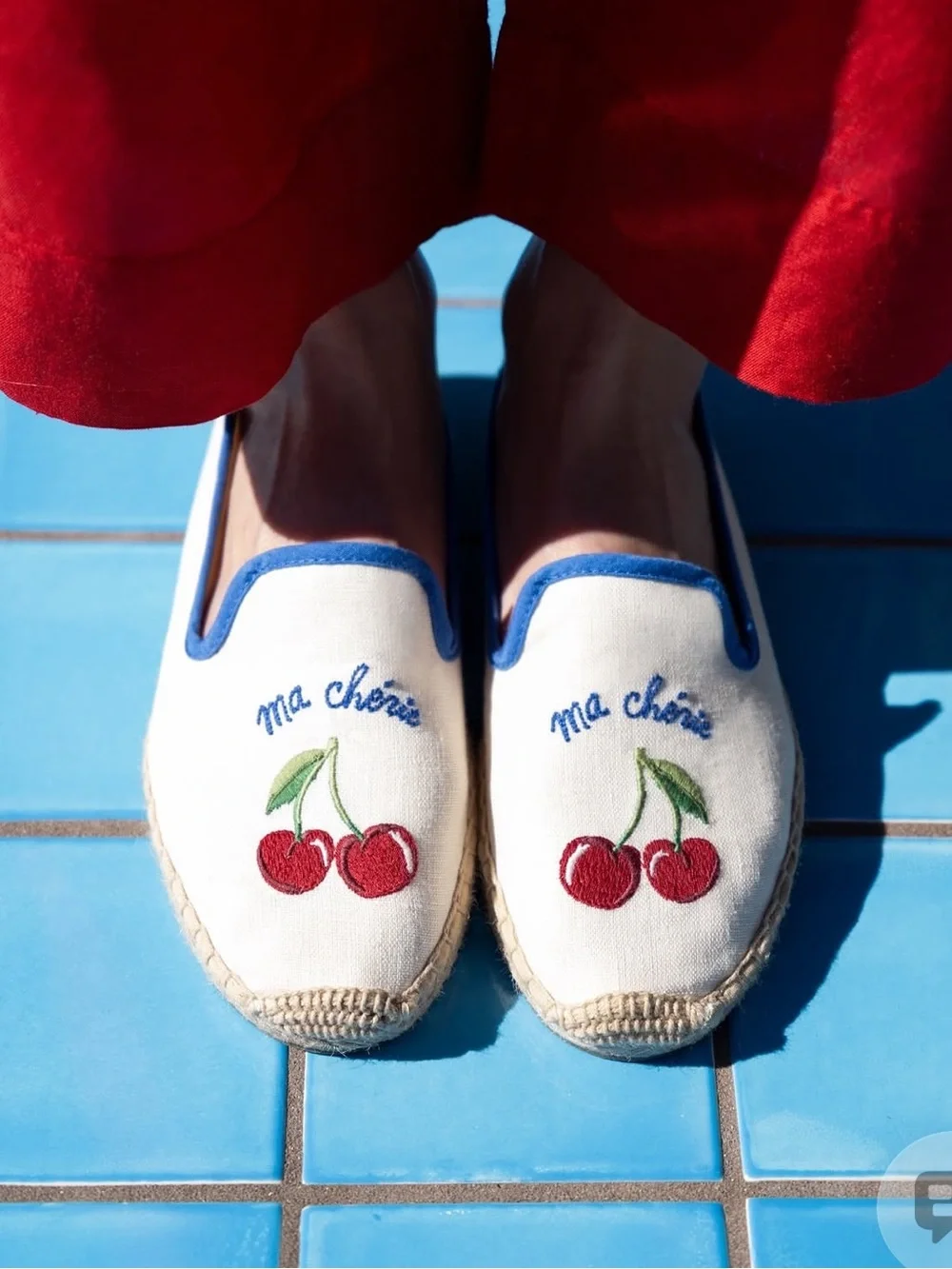 Soludos Ma Chérie Cherry Embroidered Espadrilles in White with Blue Trim